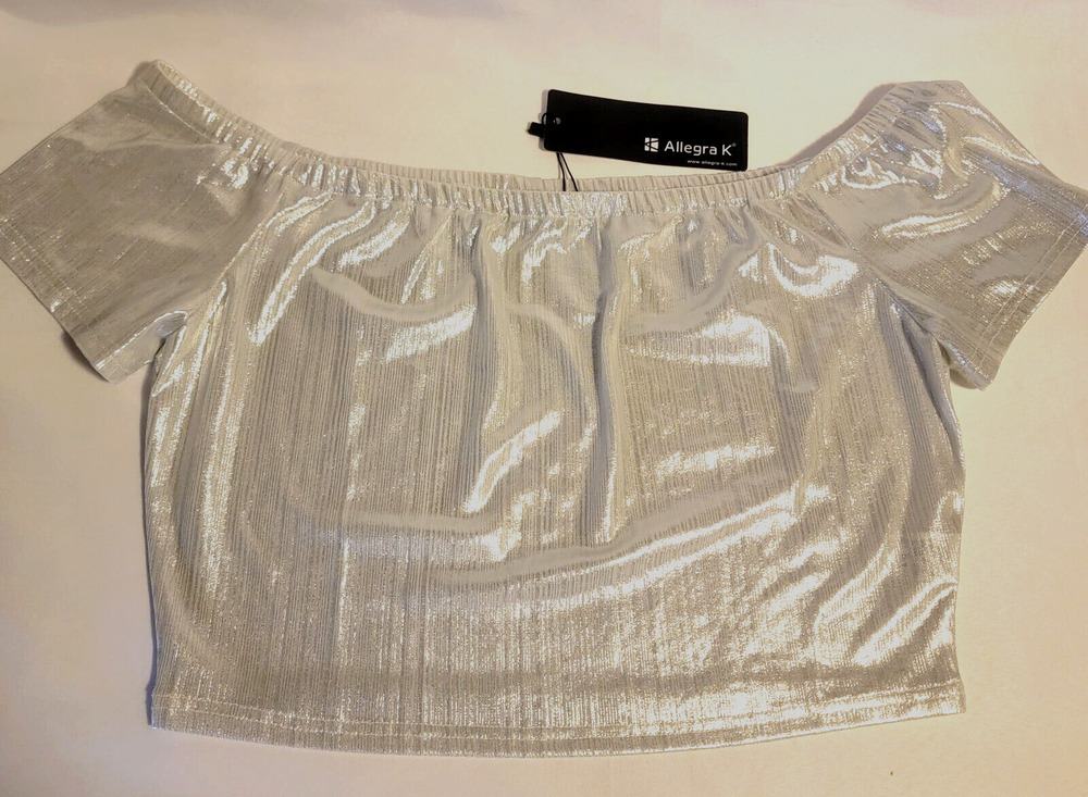Allegra K Women's Silver Party Off Shoulder Crop Top NWT Shiny Shimmering